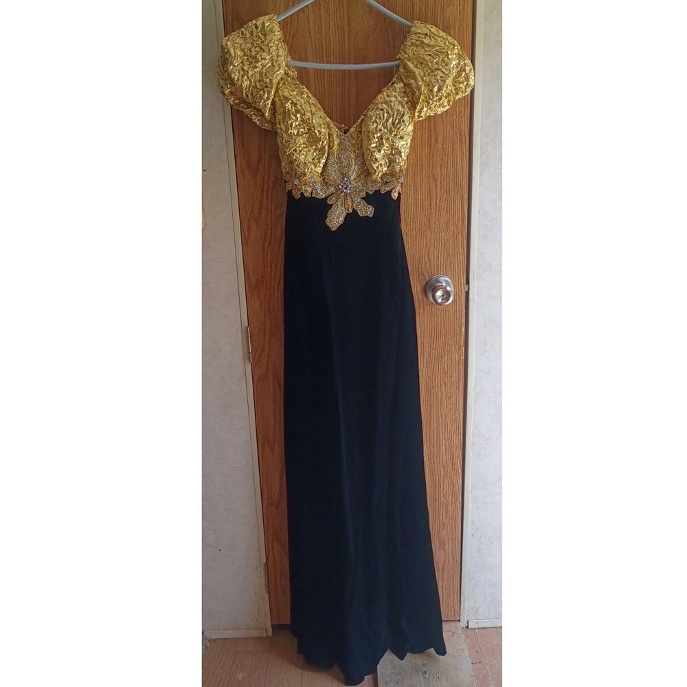 Vintage 80s 90s Alyce Designs Black Velvet Gold Sequin Gown Small Rhinestone XS